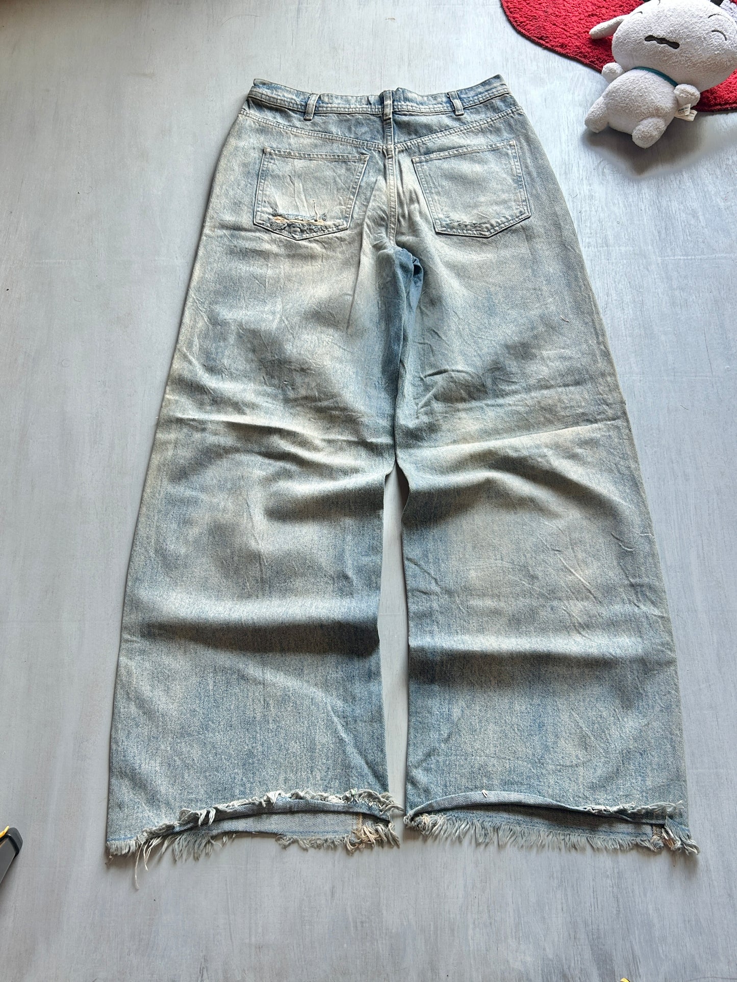 Light Blue Heavy Distressed Wide-Leg Jeans - (32)