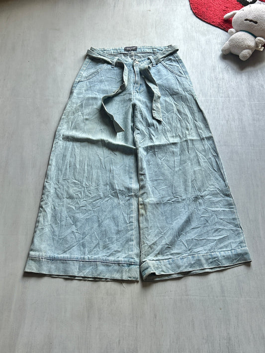 Light Blue Wide-Leg Denim with Tie Belt - (S)