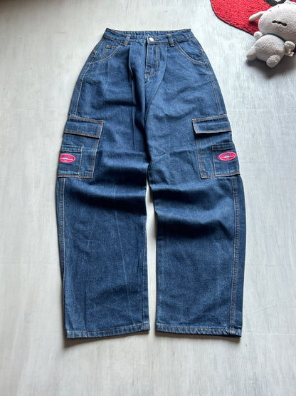 Dark Blue Cargo Wide-Leg Denim - (XS)