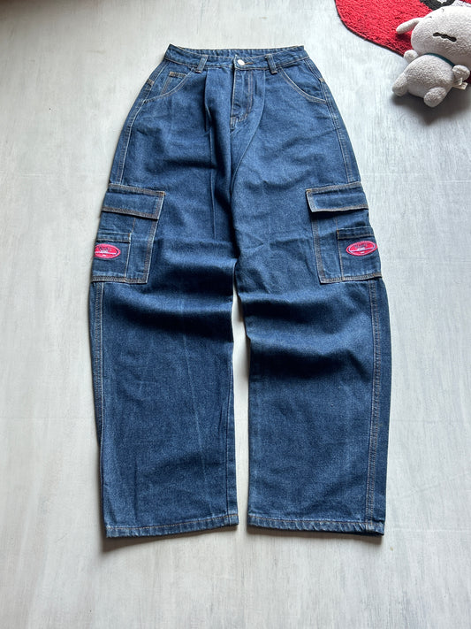 Dark Blue Cargo Wide-Leg Denim - (XS)