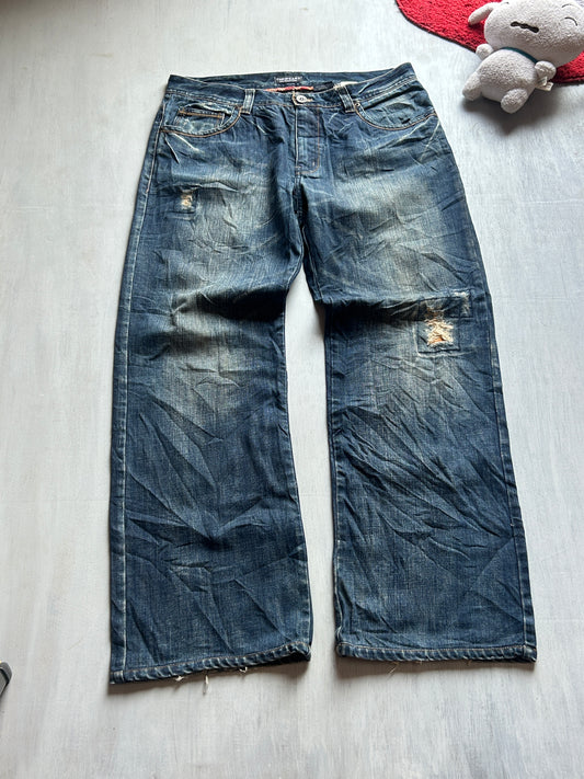 Dark Blue Distressed Wide-Leg Denim - (XXL)