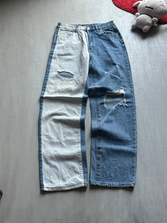 Two-Tone Blue & Off-White Distressed Wide-Leg Denim - (M)