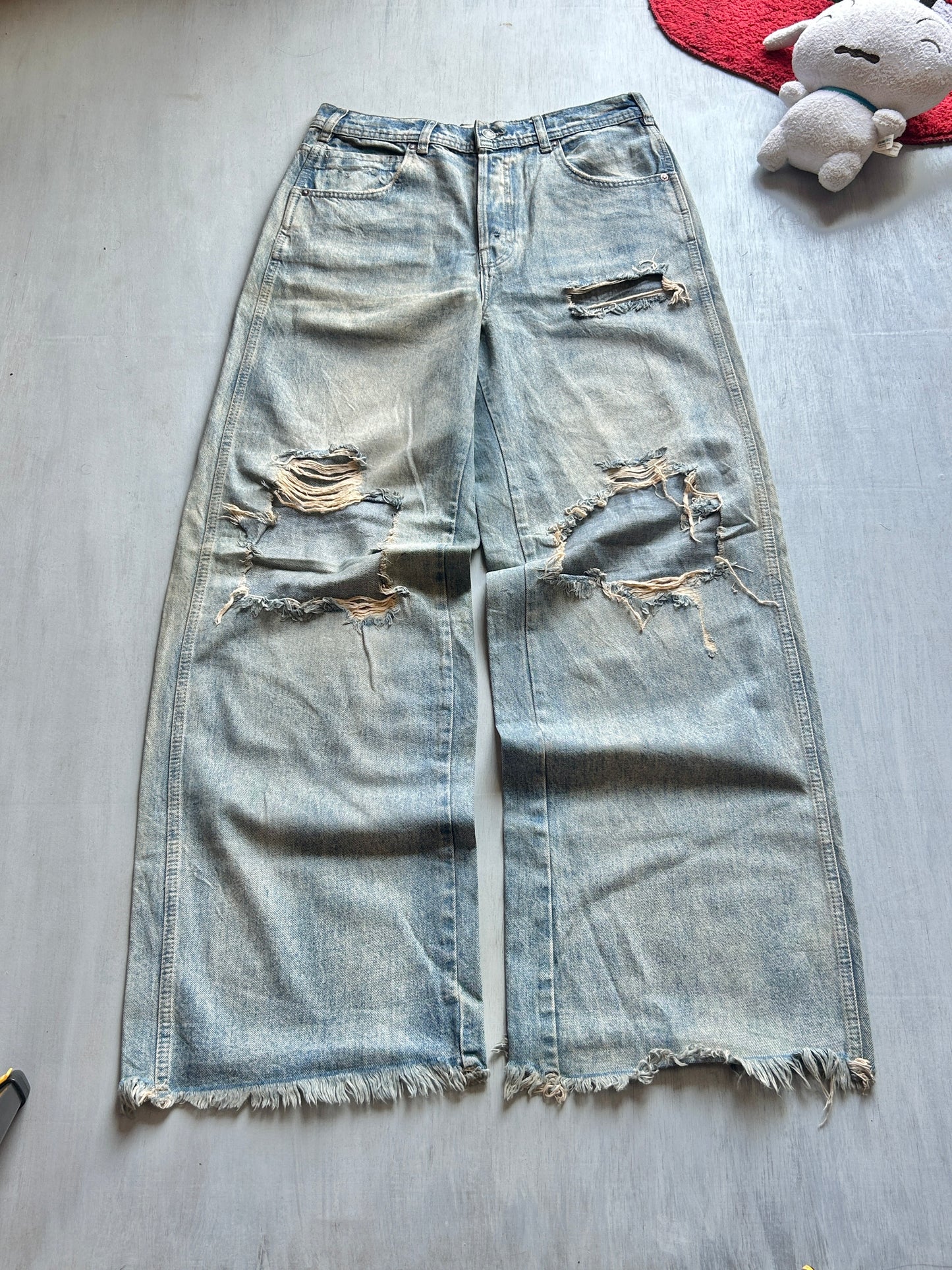 Light Blue Heavy Distressed Wide-Leg Jeans - (32)