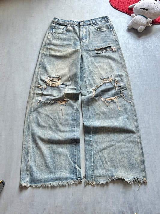 Light Blue Heavy Distressed Wide-Leg Jeans - (32)