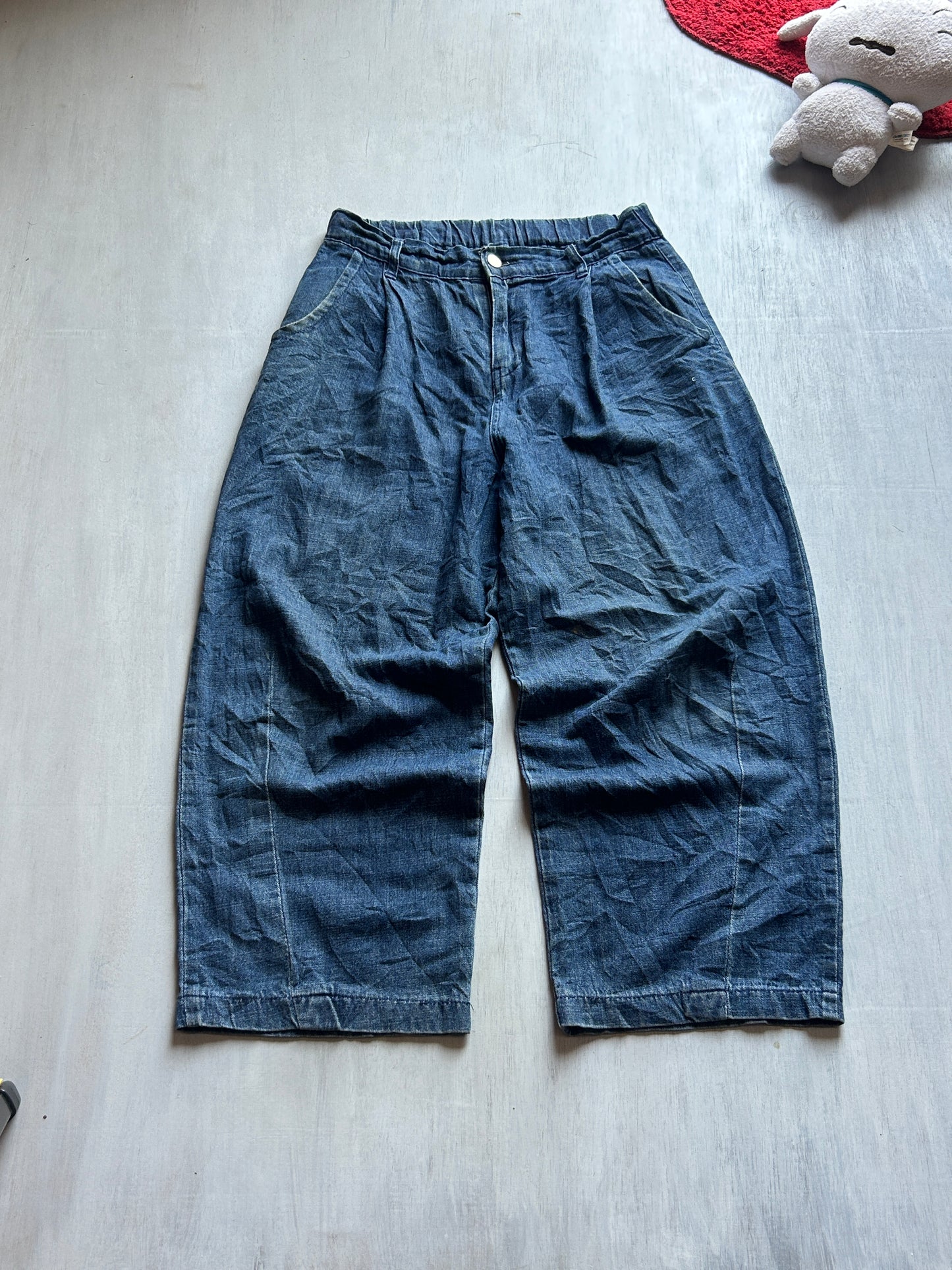 Dark Blue Elastic Waist Wide-Leg Denim - (S-M)