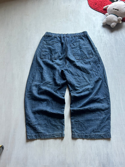 Dark Blue Elastic Waist Wide-Leg Denim - (S-M)