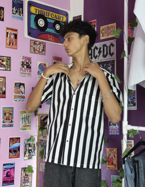 Monochrome Stripe Cuban Shirt - (XS)