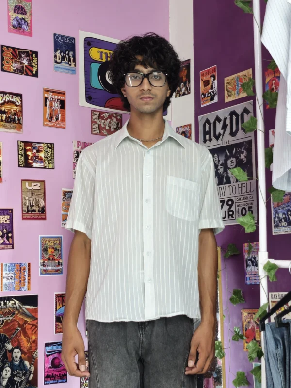 "Mint Grey Striped Cotton Shirt - (L)